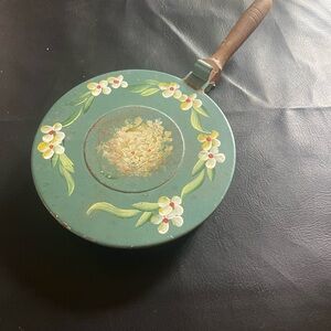 Floral Painted Green Butler Pan with Wooden Handle